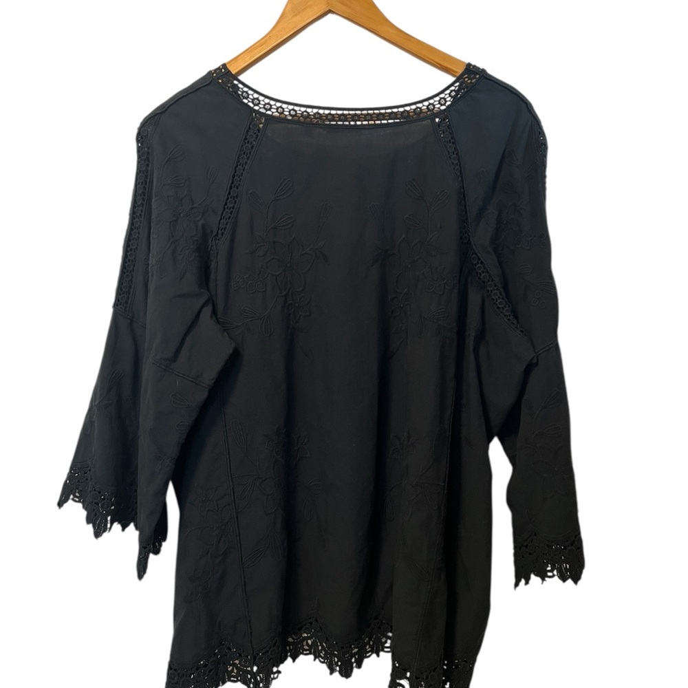 Soft Surroundings Black Embroidered and Crocheted Bell Sleeve Top - Picture 2 of 10